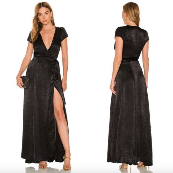 NWOT RESA black textured satin cap short sleeve v-neck wrap black tie maxi dress - Picture 6 of 6